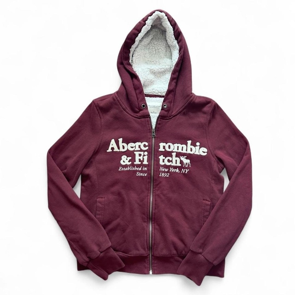 Abercrombie & Fitch Burgundy Red Full Zip Hooded Jacket Sherpa Small Y2K Style